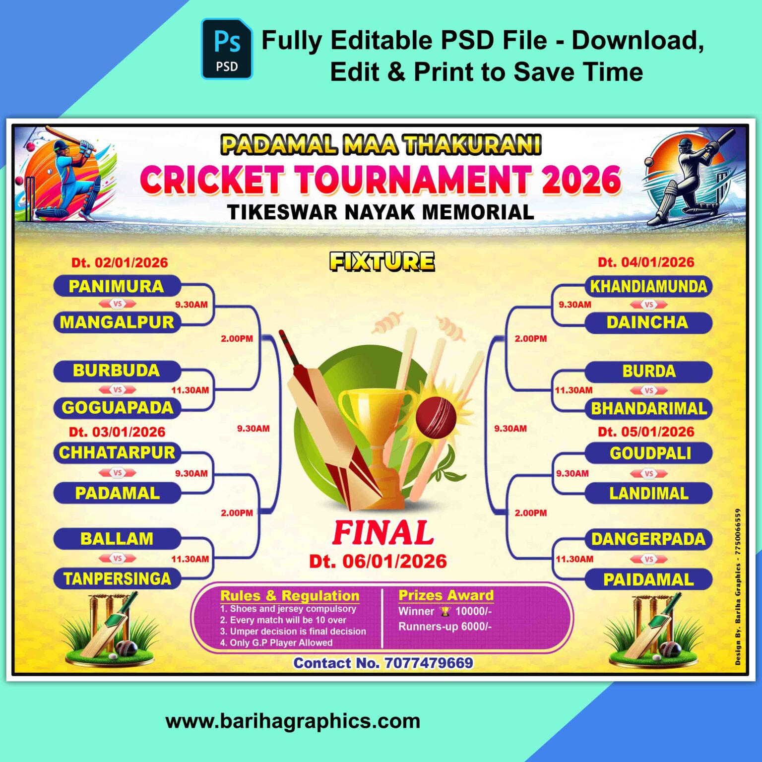 Cricket Tournament Fixture 2026 Fully Editable PSD File (A4 Size ...