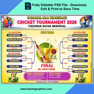 Cricket Tournament Fixture 2026 Fully Editable PSD File (A4 Size) – Bariha Graphics