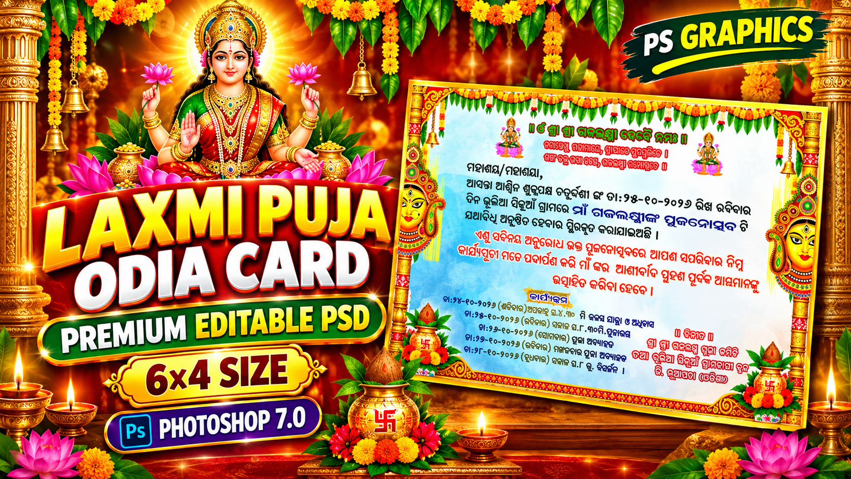 Gajalaxmi Puja Invitation Card PSD 6x4 – Beautiful Editable Odia Laxmi Puja Card
